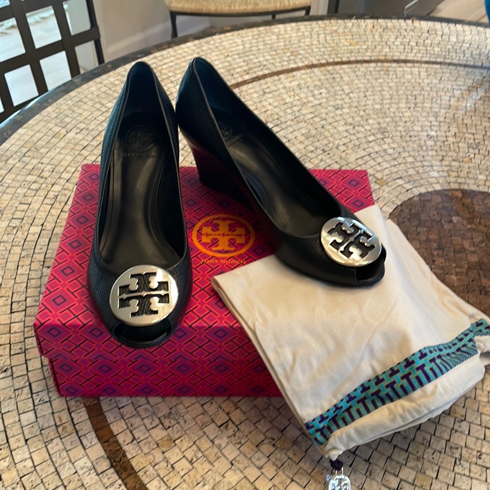 Tory Burch black leather wedges.